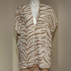 ADRIENNE NWT White & Light Brown Zebra Print Low V Neck Sleeveless  Blouse Sz L